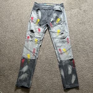 Men’s Size 32 Demolition Jeans Moto Distressed Gray Denim Paint Marks